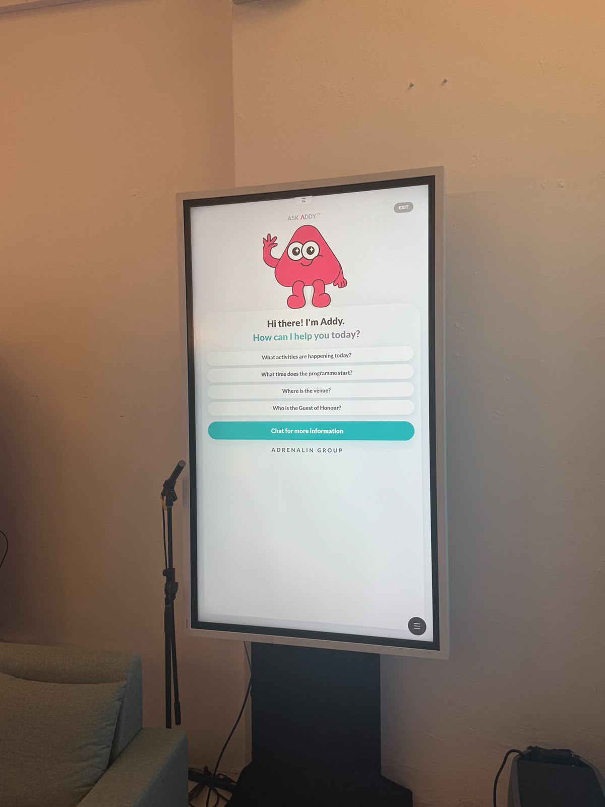 Ask Addy chatbot on a kiosk display